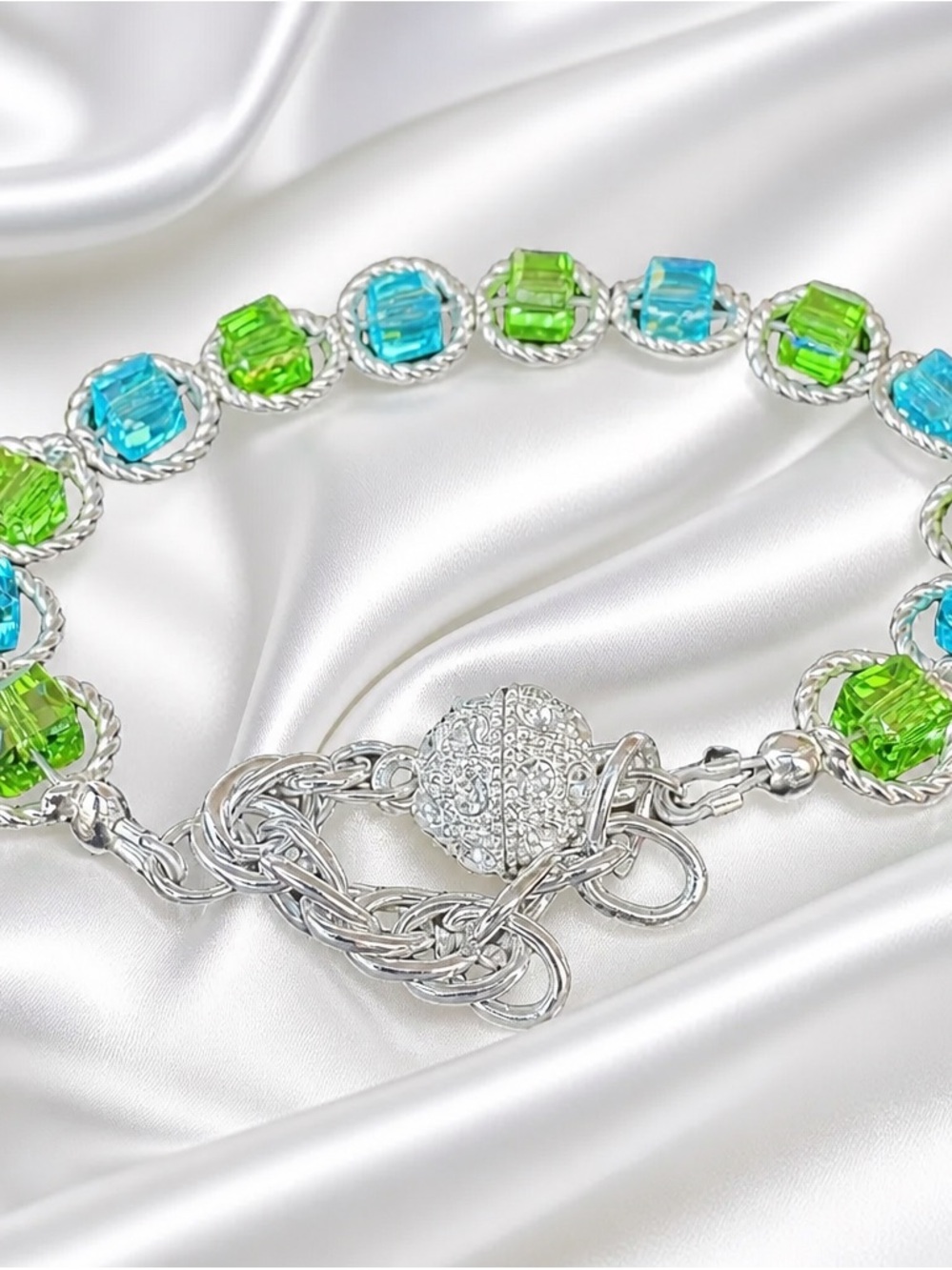 Handcrafted Swarovski Crystal Cube Link Bracelet Magnetic Clasp Green Blue